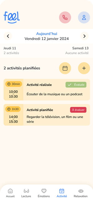Écran tiré de l'application Feel : écran de gestion de l'agenda et des activités